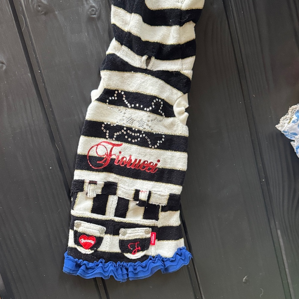 Fiorucci Black and White Striped Dog Sweater with Red Logo and rhinestones small